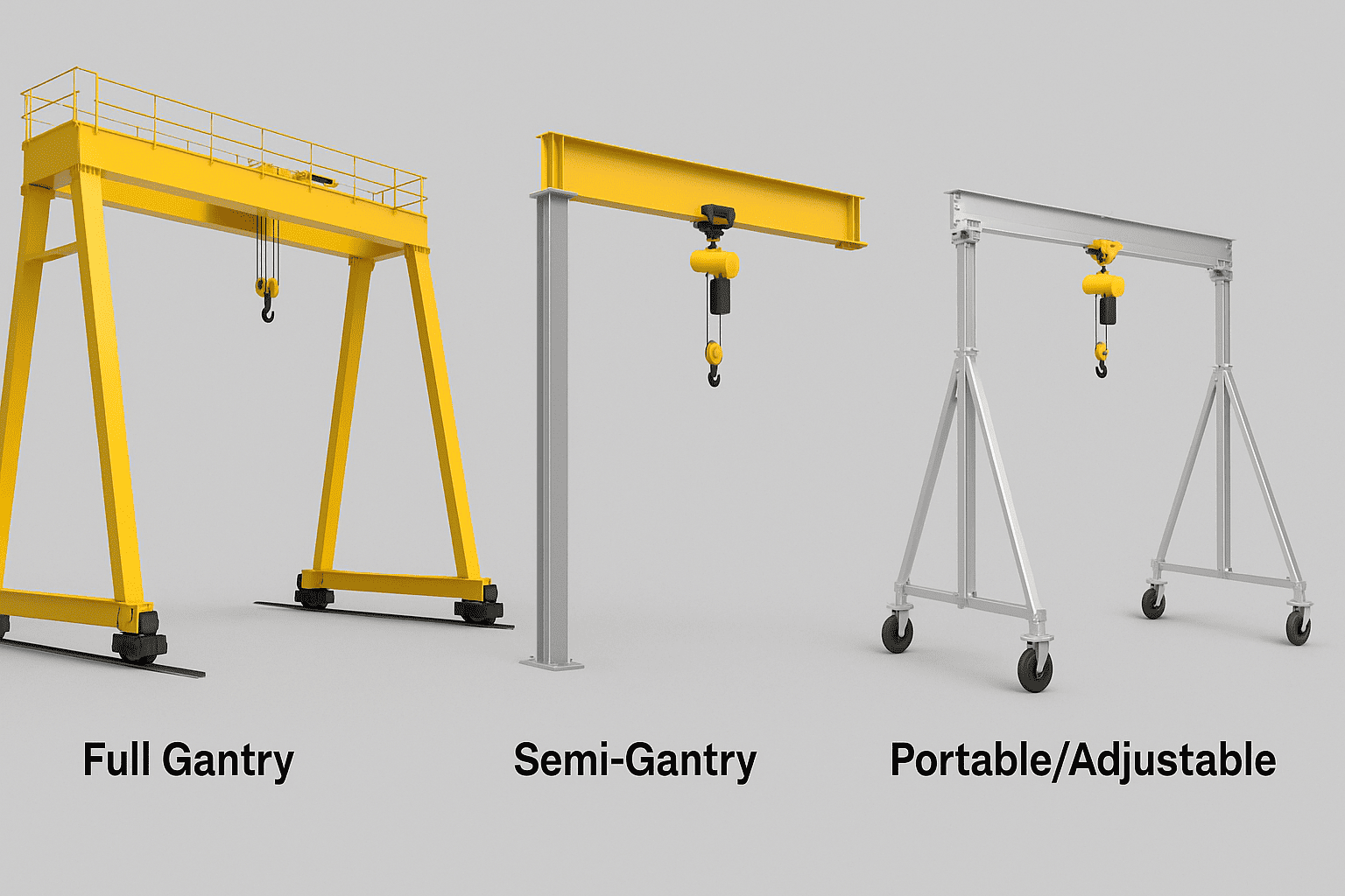 Photorealistic comparison of three types of gantry cranes — full gantry, semi-gantry, and portable/adjustable — displayed side by side with labels for easy identification.