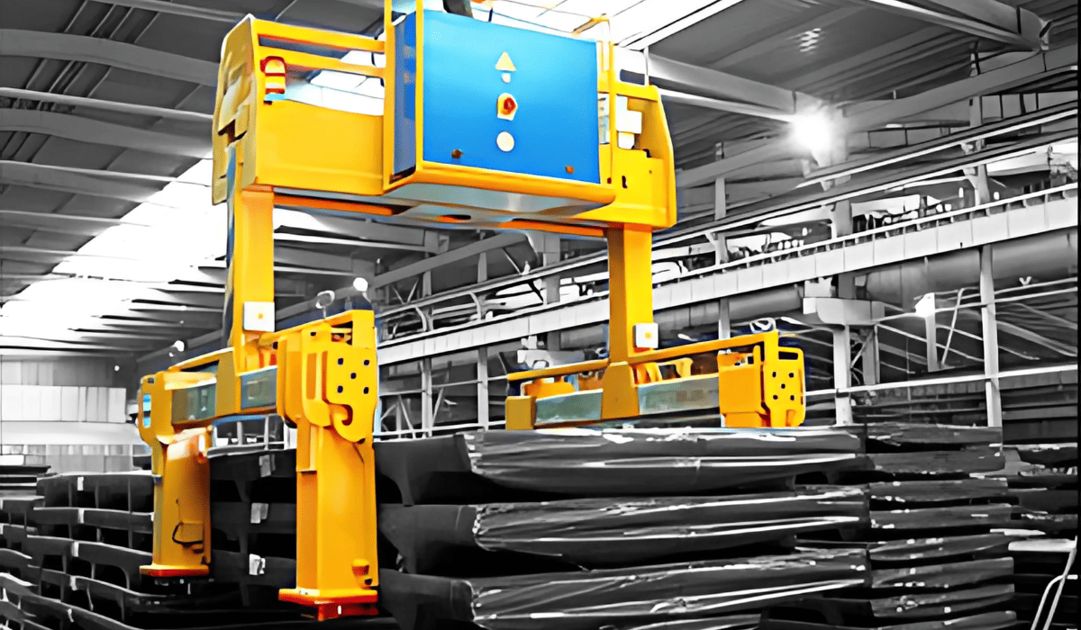 Crosby Airpes heavy-duty lifting beam handling stacked steel plates in an industrial facility.