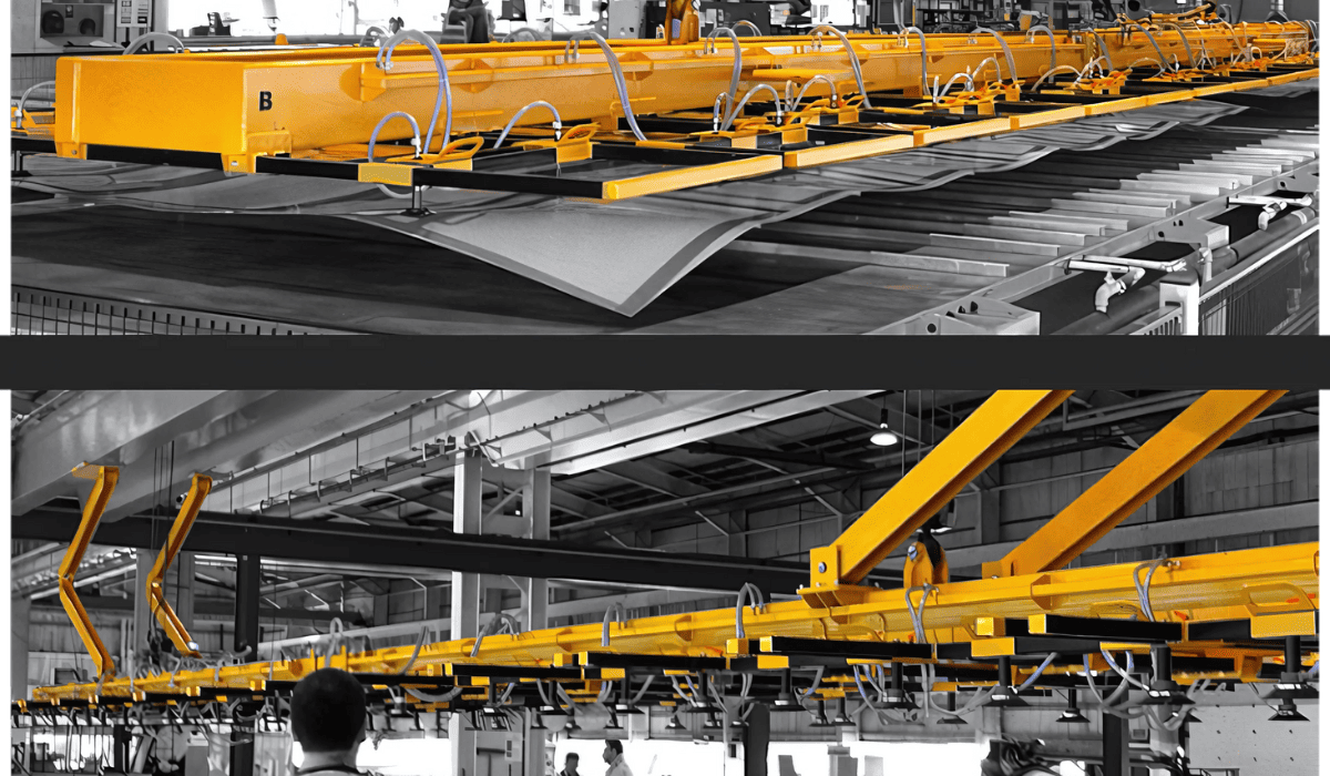 Crosby Airpes vacuum lifting system designed for safe and efficient handling of large metal sheets in manufacturing.