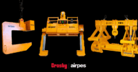 Crane lifting equipment by Crosby Airpes featuring a C-hook on the left, a motorized coil tong in the center, and a scissors clamp on the right, designed for safe and efficient handling of loads in industrial lifting operations.