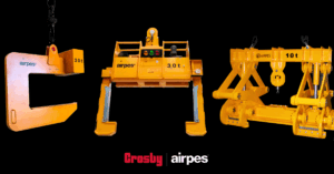 Crane lifting equipment by Crosby Airpes featuring a C-hook on the left, a motorized coil tong in the center, and a scissors clamp on the right, designed for safe and efficient handling of loads in industrial lifting operations.