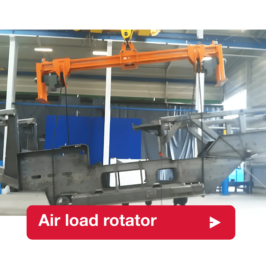 Air load rotator suspended from an overhead crane, engineered for safe 360-degree rotation of heavy steel structures during lifting, welding, and industrial fabrication processes.