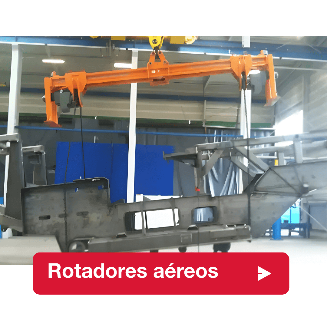 Rotor industrial aéreo suspendido de una grúa puente, diseñado para la rotación segura a 360° de estructuras metálicas pesadas durante procesos de elevación, soldadura y fabricación industrial.