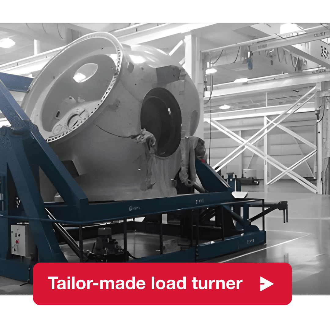 Tailor-made industrial load turner rotating a large wind turbine component, enabling safe positioning and controlled handling of heavy nacelle or generator structures during manufacturing.