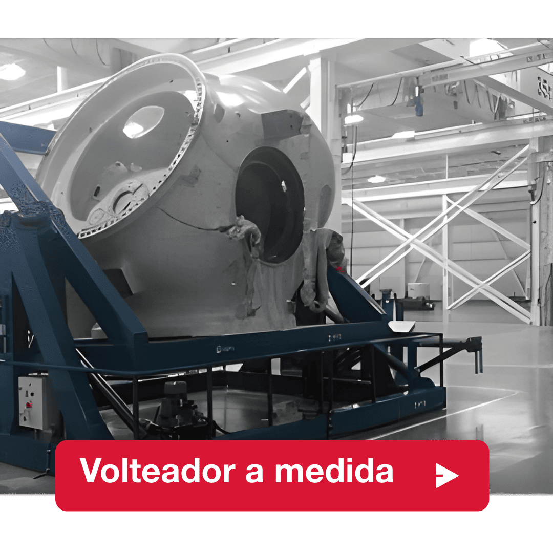 Volteador industrial a medida rotando un componente de aerogenerador de gran tamaño, para el posicionamiento seguro y la manipulación controlada de góndolas o estructuras de generador durante la fabricación.